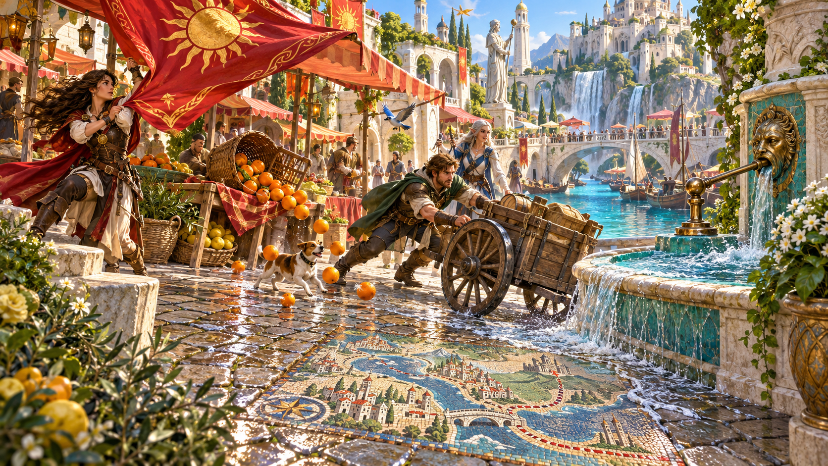 Fantasy illustration of a shifting cart and spilled fruit setting connected events in motion in a market