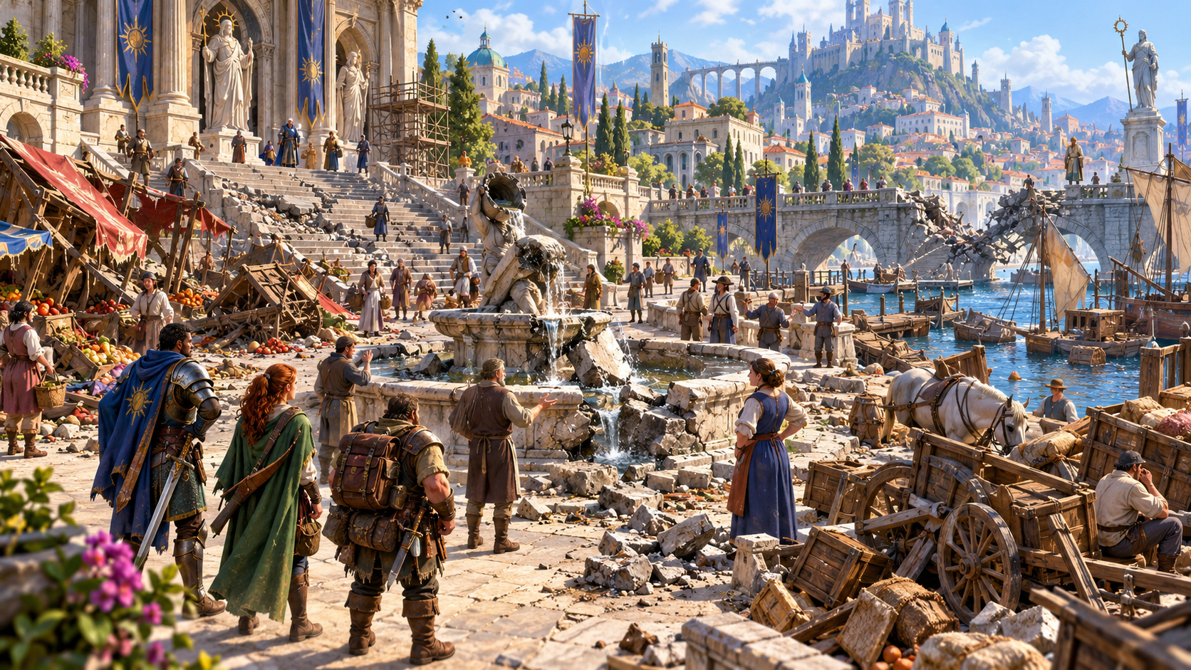 Fantasy illustration of damaged stalls, a fountain and a bridge with owners and witnesses nearby