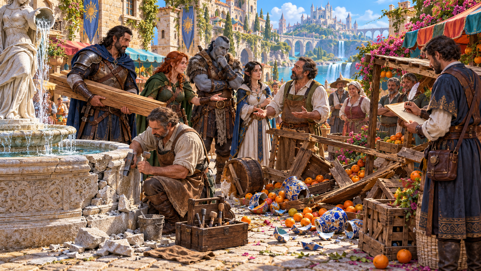 Fantasy illustration of companions discussing damaged market property while a craftsperson repairs a fountain