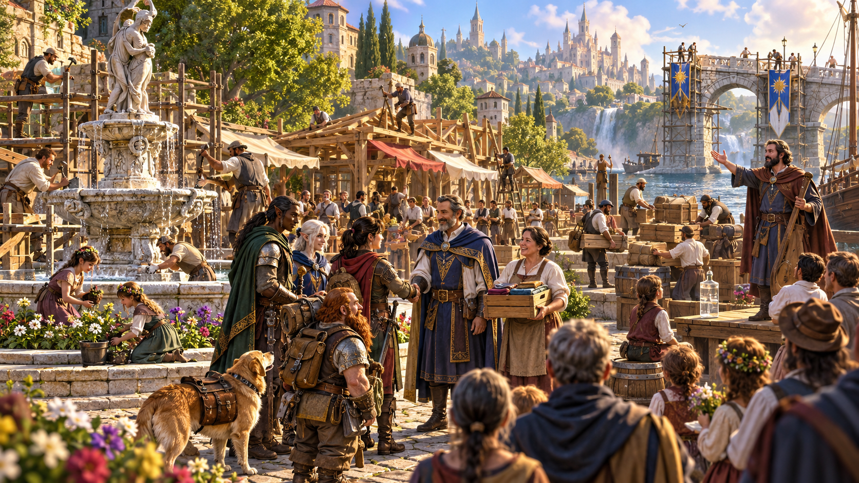 Fantasy illustration of companions making amends while workers repair a market, fountain and bridge