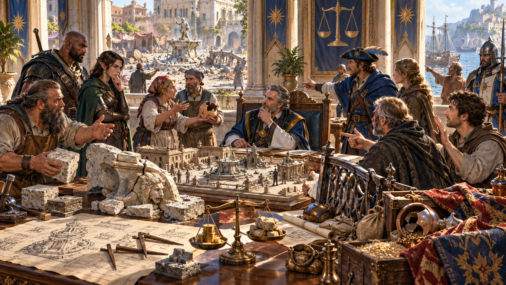 Fantasy illustration of companions, witnesses and officials considering damaged property, causes and repairs